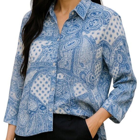 Zara Women's Blue Paisley Button Front Viscose Shirt Size M - Picture 1 of 12